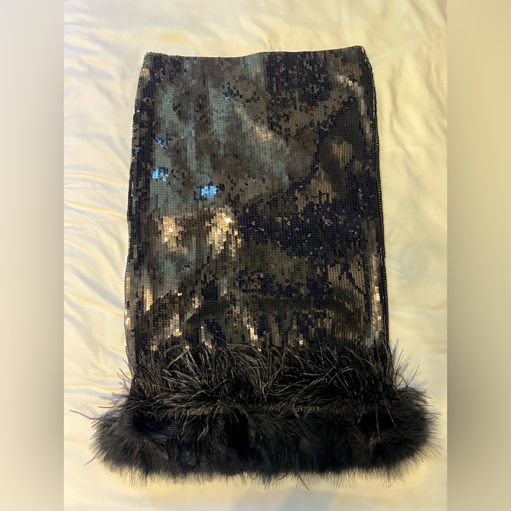 Express Black Sequin and Feather Embellished Midi Skirt